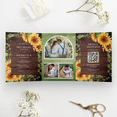Rustic Wood Sunflower Foto Arch QR Code Weddenscha Drieluik Uitnodiging