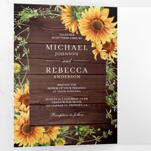 Rustic Wood Sunflower Foto Arch QR Code Weddenscha Drieluik Uitnodiging (Binnenzijde eerst)