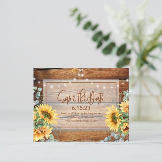 Rustic Wood Sunflower Foto Save the Date (Staand voorkant)
