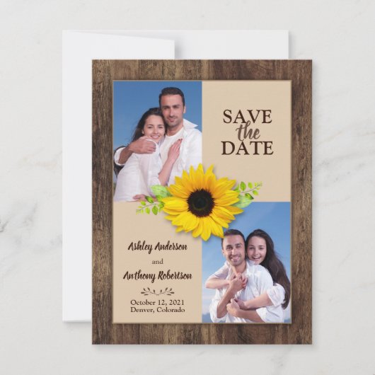 Rustic Wood Sunflower Foto Save the Date Aankondiging (Voorkant)