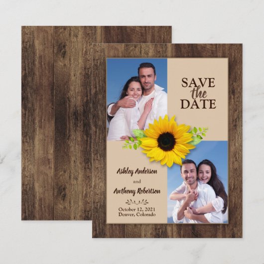 Rustic Wood Sunflower Foto Save the Date Aankondiging (Voorkant / Achterkant)