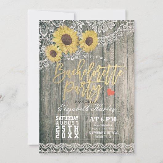 Rustic Wood Sunflower Lace Bachelorette Party Kaart (Voorkant)