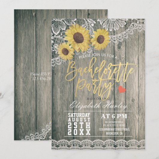 Rustic Wood Sunflower Lace Bachelorette Party Kaart (Voorkant / Achterkant)