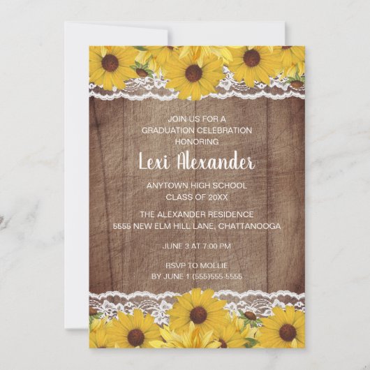 Rustic Wood Sunflower Lace Graduation Party Kaart (Voorkant)