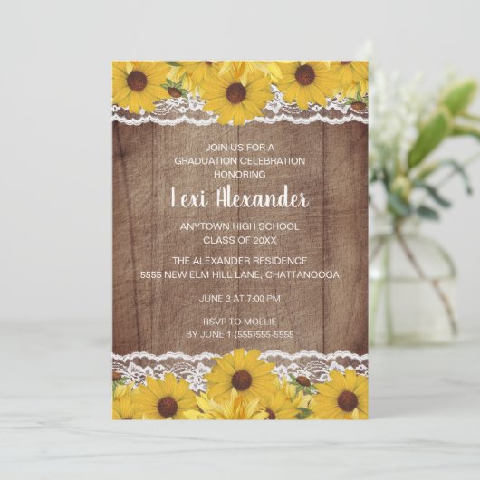 Rustic Wood Sunflower Lace Graduation Party Kaart (Staand voorkant)