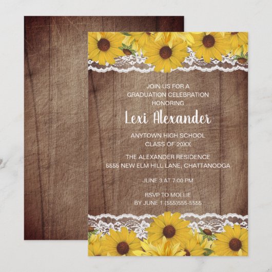 Rustic Wood Sunflower Lace Graduation Party Kaart (Voorkant / Achterkant)