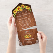 Rustic Wood Sunflower Lace Light Wedding All In One Uitnodiging (Afscheurbaar)