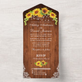 Rustic Wood Sunflower Lace Light Wedding All In One Uitnodiging (Binnen)