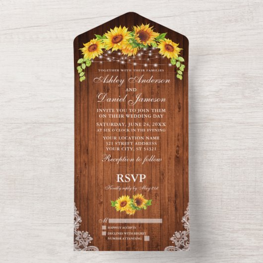 Rustic Wood Sunflower Lace Light Wedding All In One Uitnodiging (Binnen)