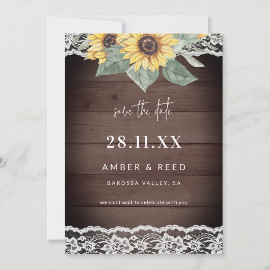 Rustic Wood Sunflower & Lace Save The Date (Voorkant)