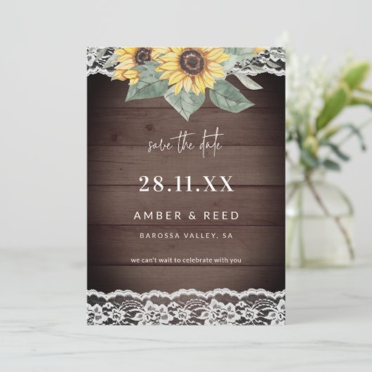 Rustic Wood Sunflower & Lace Save The Date (Staand voorkant)