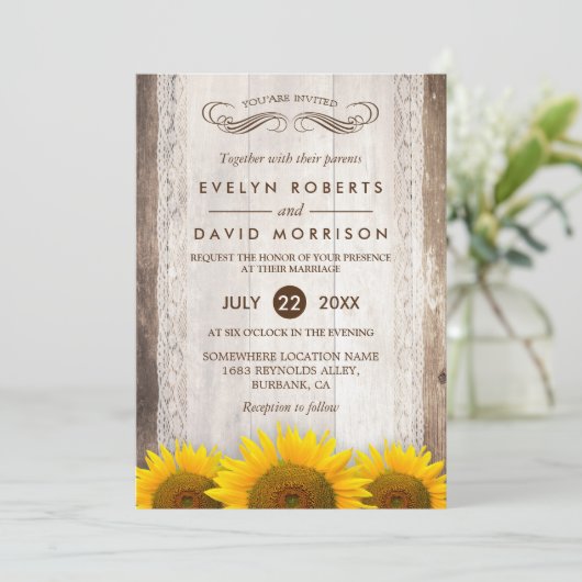 Rustic Wood Sunflower Lace Western Barn Wedding Kaart (Staand voorkant)