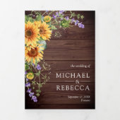 Rustic Wood Sunflower Lavender QR Code Weddenschap Drieluik Uitnodiging (Cover)