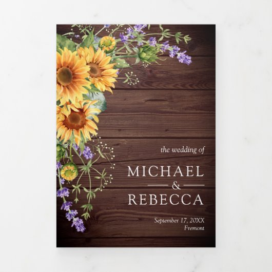 Rustic Wood Sunflower Lavender QR Code Weddenschap Drieluik Uitnodiging (Cover)