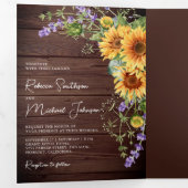Rustic Wood Sunflower Lavender QR Code Weddenschap Drieluik Uitnodiging (Binnenzijde eerst)