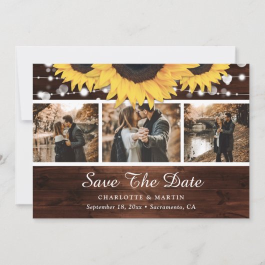 Rustic Wood Sunflower Lights Weddenfoto Collage Save The Date (Voorkant)