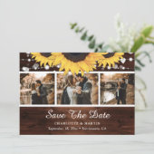 Rustic Wood Sunflower Lights Weddenfoto Collage Save The Date (Staand voorkant)