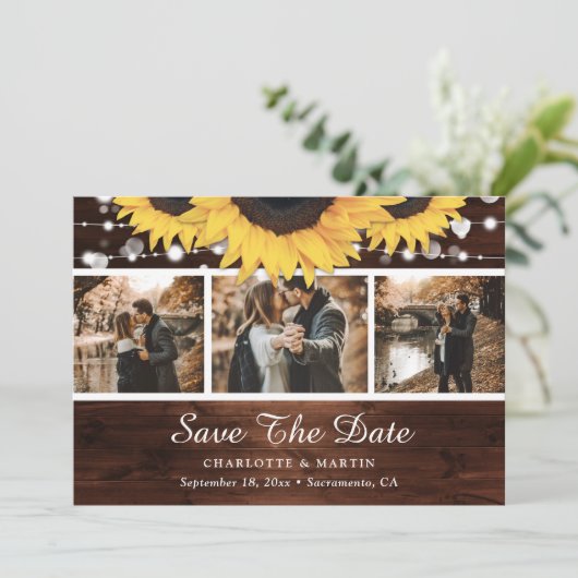 Rustic Wood Sunflower Lights Weddenfoto Collage Save The Date (Staand voorkant)