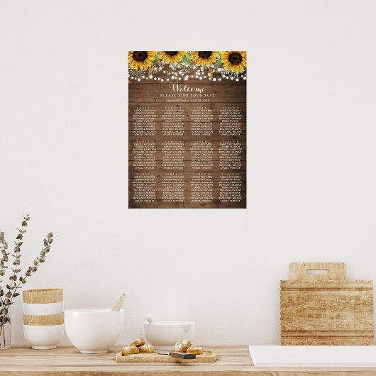 Rustic Wood Sunflower Lights Wedding Seating Chart Poster (Keuken)