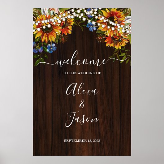 Rustic Wood Sunflower Lights Wedding Welcome Sign Poster (Voorkant)
