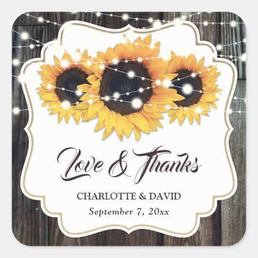 Rustic Wood Sunflower Love and Bedankt Wedding Vierkante Sticker (Voorkant)
