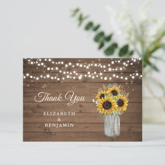 Rustic Wood Sunflower Mason Jar Wedding Bedankt (Staand voorkant)
