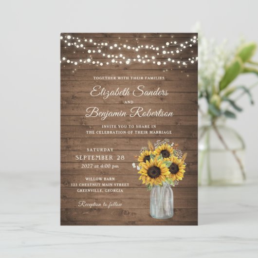 Rustic Wood Sunflower Mason Jar Wedding Kaart (Staand voorkant)
