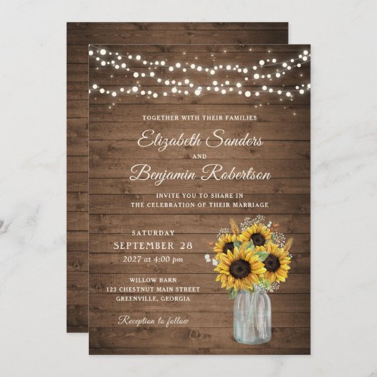 Rustic Wood Sunflower Mason Jar Wedding Kaart (Voorkant / Achterkant)