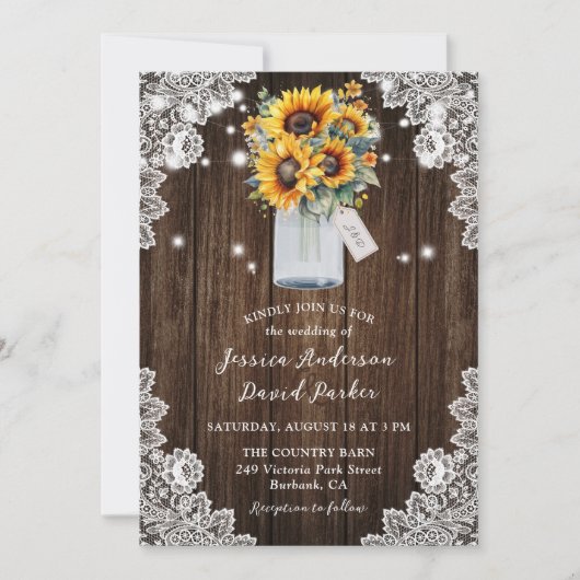 Rustic Wood Sunflower Mason Jar Wedding Kaart (Voorkant)