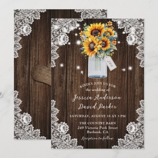 Rustic Wood Sunflower Mason Jar Wedding Kaart (Voorkant / Achterkant)