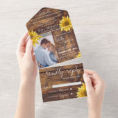 Rustic Wood Sunflower Monogram Foto Weddenschap All In One Uitnodiging (Afscheurbaar)