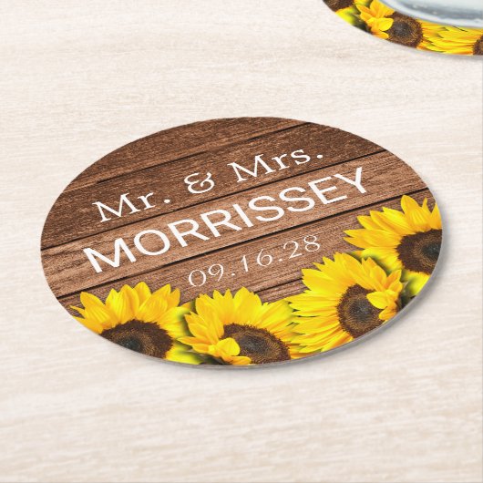 Rustic Wood Sunflower Mr en Mrs Wedding Favor Ronde Kartonnen Onderzetter (Gebogen)