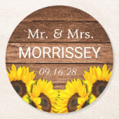 Rustic Wood Sunflower Mr en Mrs Wedding Favor Ronde Kartonnen Onderzetter (Voorkant)