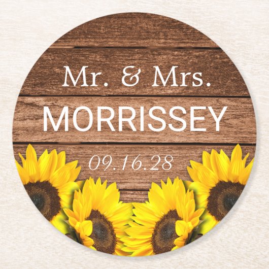 Rustic Wood Sunflower Mr en Mrs Wedding Favor Ronde Kartonnen Onderzetter (Voorkant)
