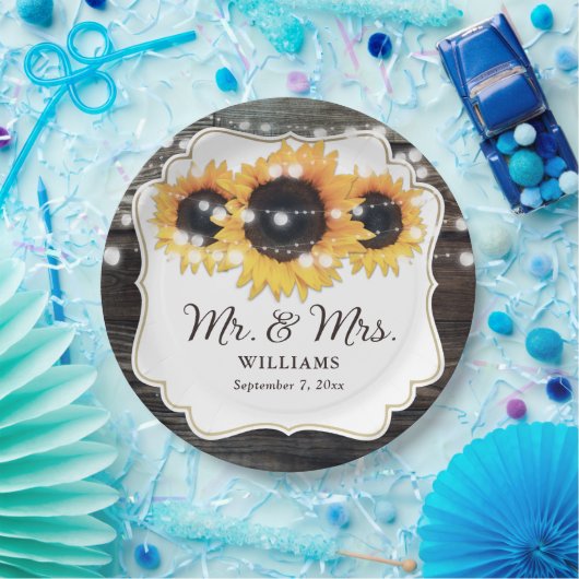Rustic Wood Sunflower Mr en Mrs Wedding Papieren Bordje (Feest)