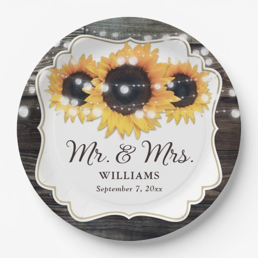 Rustic Wood Sunflower Mr en Mrs Wedding Papieren Bordje (Voorkant)