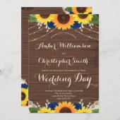 Rustic Wood Sunflower Navy Blue Rozen Wedding Kaart (Voorkant / Achterkant)