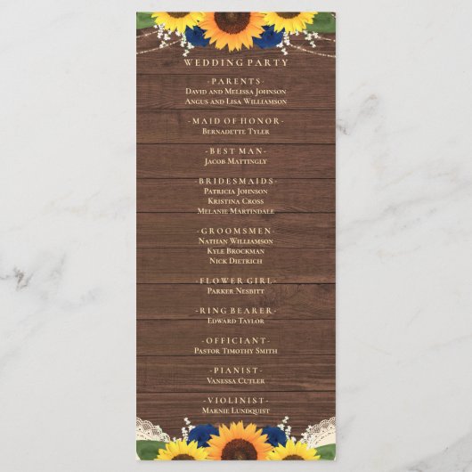 Rustic Wood Sunflower Navy Blue Rozen Wedding Programmakaart (Achterkant)
