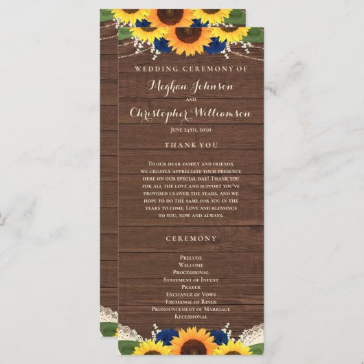 Rustic Wood Sunflower Navy Blue Rozen Wedding Programmakaart (Voorkant / Achterkant)