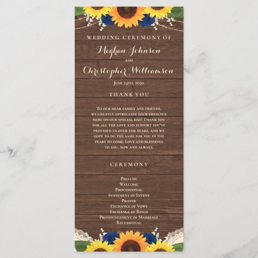 Rustic Wood Sunflower Navy Blue Rozen Wedding Programmakaart (Voorkant)