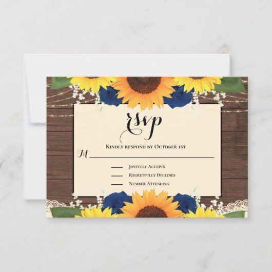 Rustic Wood Sunflower Navy Blue Rozen Wedding RSVP (Voorkant)