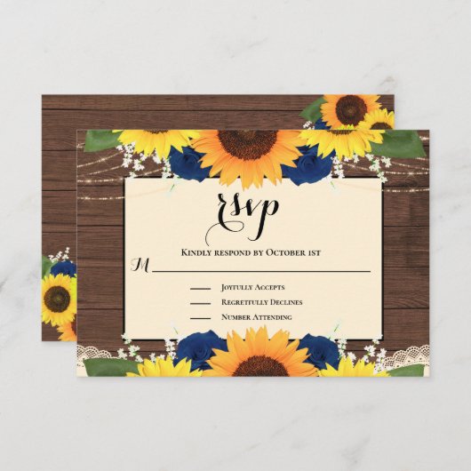 Rustic Wood Sunflower Navy Blue Rozen Wedding RSVP (Voorkant / Achterkant)