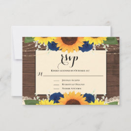 Rustic Wood Sunflower Navy Blue Rozen Wedding RSVP Kaartje