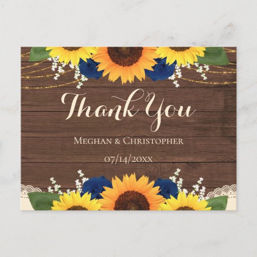Rustic Wood Sunflower Navy Rozen Weddenschap Briefkaart (Voorkant)