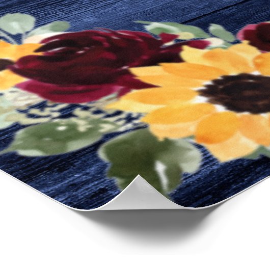 Rustic Wood Sunflower Navy String Lights Wedding Poster (Hoek)