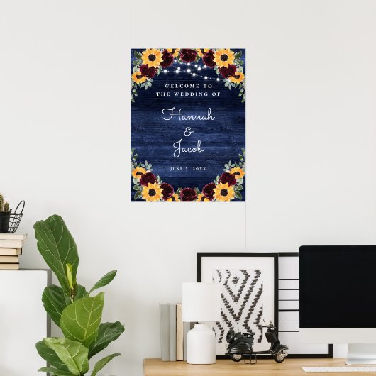 Rustic Wood Sunflower Navy String Lights Wedding Poster (Thuiskantoor)