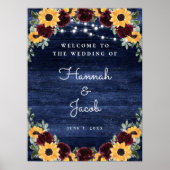 Rustic Wood Sunflower Navy String Lights Wedding Poster (Voorkant)