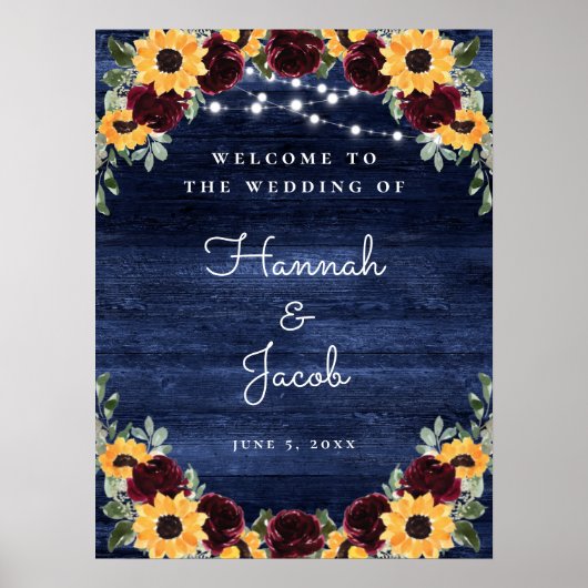 Rustic Wood Sunflower Navy String Lights Wedding Poster (Voorkant)
