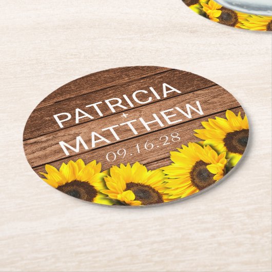 Rustic Wood Sunflower Personalized Wedding Favor Ronde Kartonnen Onderzetter (Gebogen)