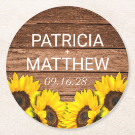 Rustic Wood Sunflower Personalized Wedding Favor Ronde Kartonnen Onderzetter